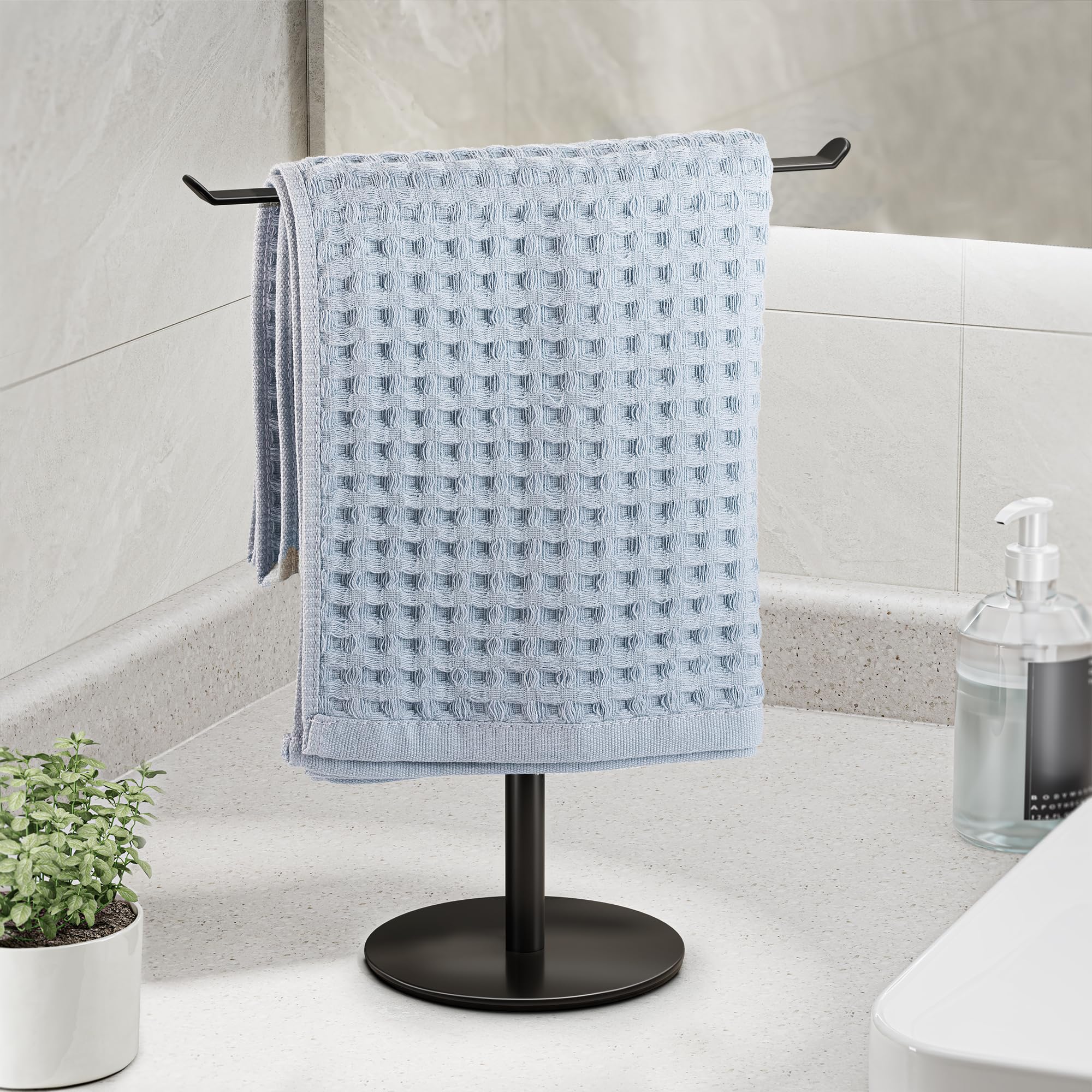 Black T-Shaped Hand Towel Holder Stand for Countertops, Stainless Steel